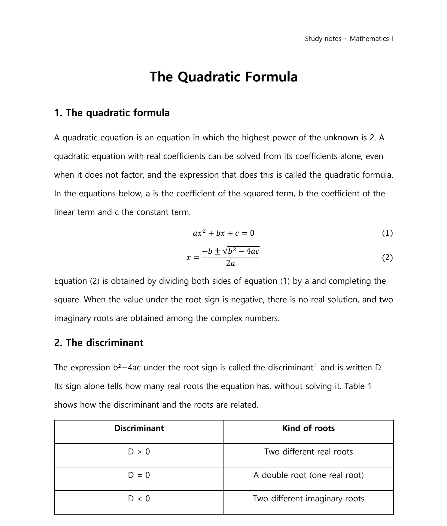 The first page of the sample document Quadratic Formula Notes
